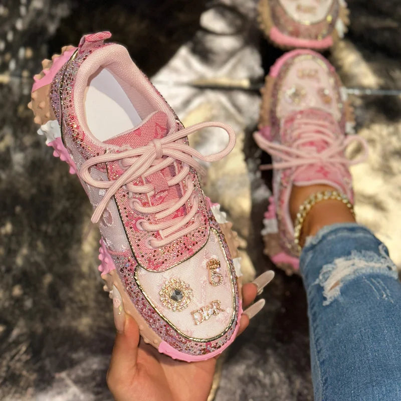 Women's Rhinestone Platform Sneakers Lace-Up Casual Skateboard Shoes