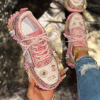 Women's Rhinestone Platform Sneakers Lace-Up Casual Skateboard Shoes