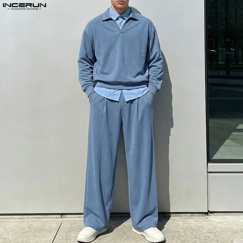 Men's Lapel Long Sleeve Sweatshirt Pants Two-Piece Set