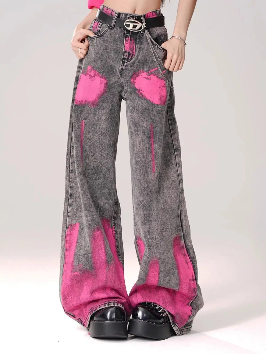 Graffiti Printed Wide Leg Jeans for Women High Waisted Gray