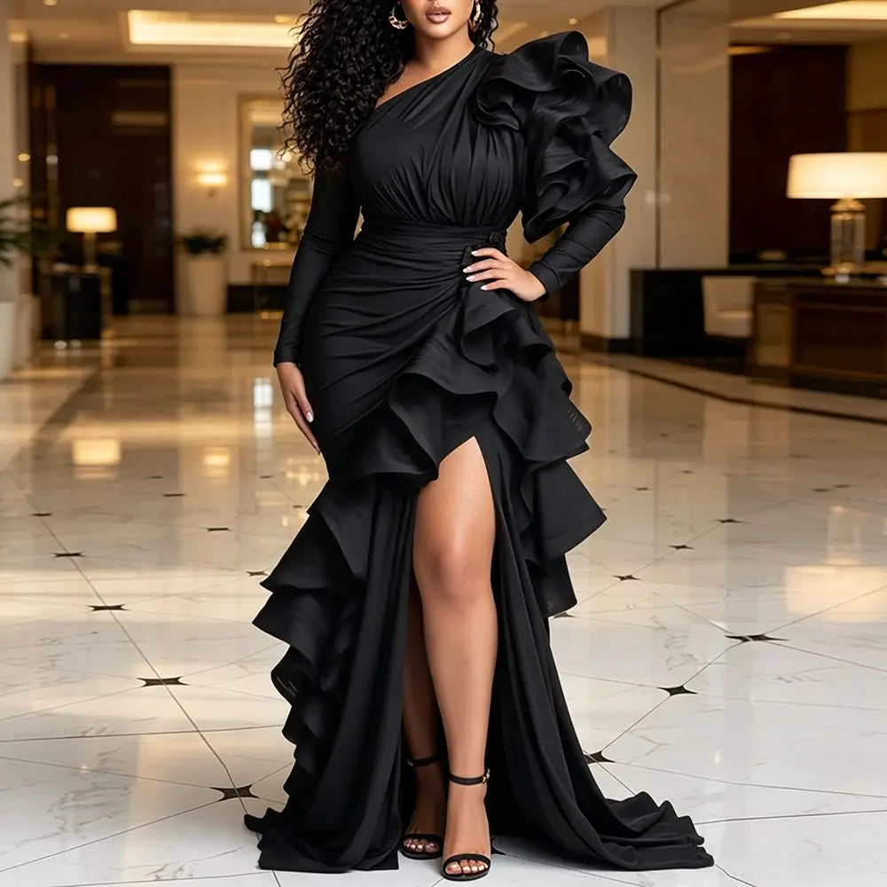 Women's One Shoulder Tiered Ruffle Long Sleeve Maxi Dress