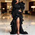 Women's One Shoulder Tiered Ruffle Long Sleeve Maxi Dress