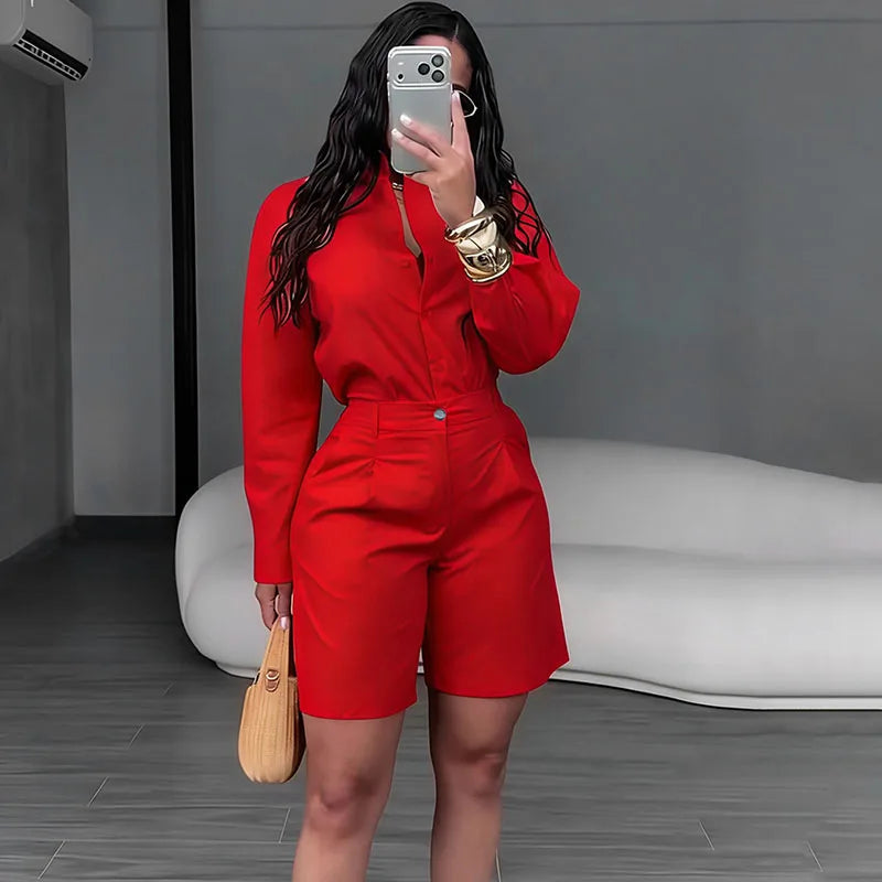 Women's Casual Long Sleeve Shirt and Shorts Two Piece Matching Set