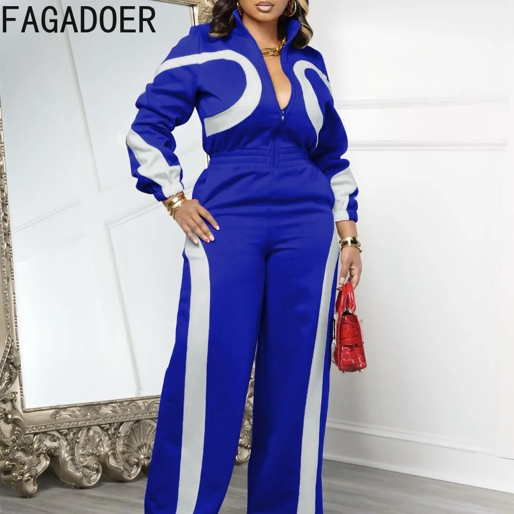 Women's Color Block Patchwork Zipper Jumpsuit