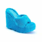 Women's Trendy Furry Wedge High Heel Slide Slippers