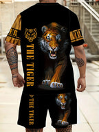 Men's Tiger Print Round Neck T-Shirt and Drawstring Shorts Set