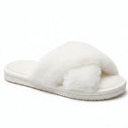 Women's Open-Toe Cross Strap Fluffy Fur Slippers Lightweight Flat Slides
