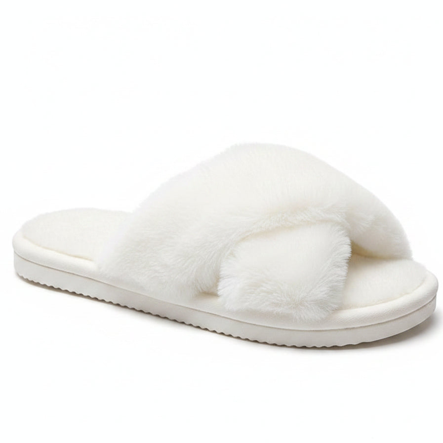 Women's Open-Toe Cross Strap Fluffy Fur Slippers Lightweight Flat Slides