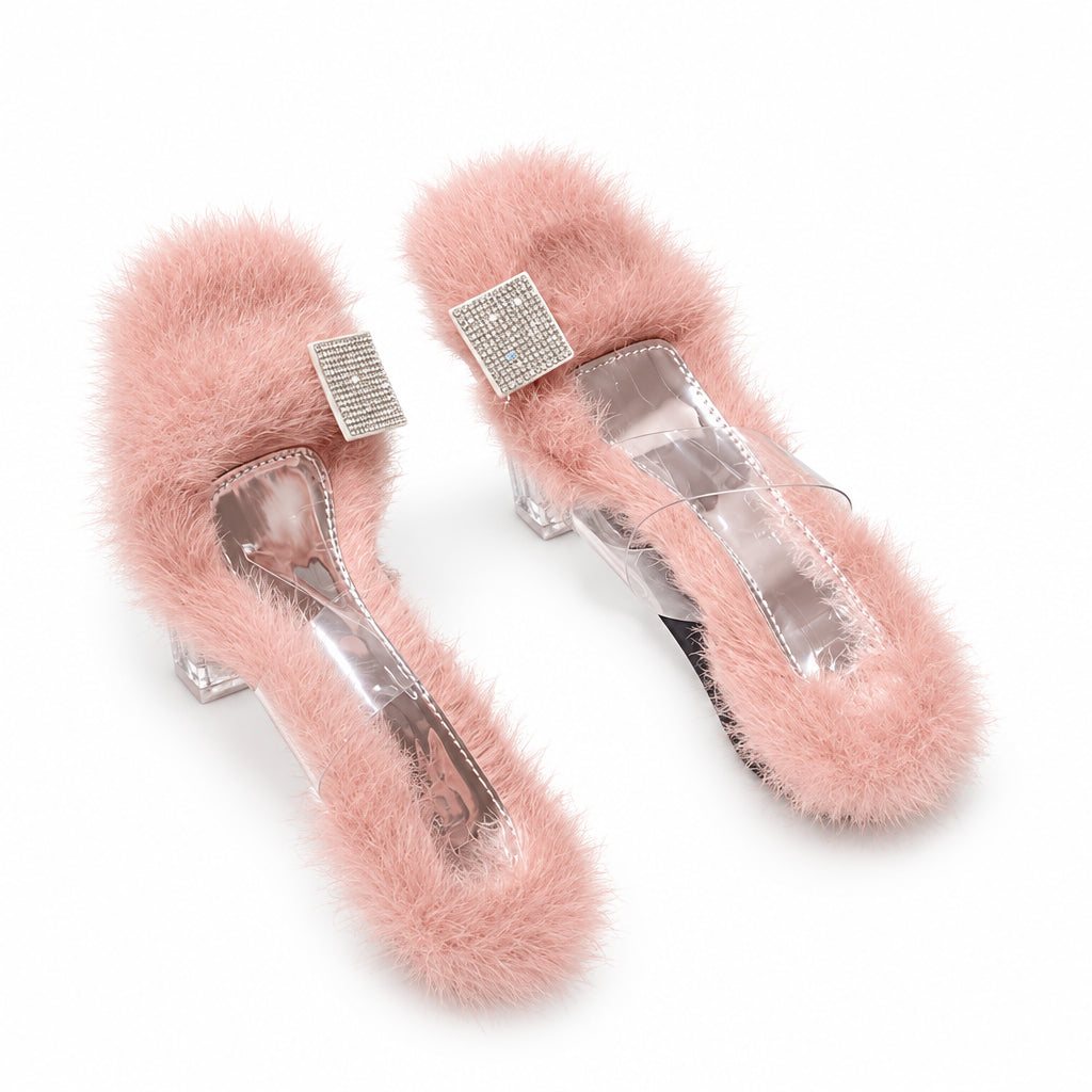 Women's Fluffy Rhinestone Chunky Heel Slippers