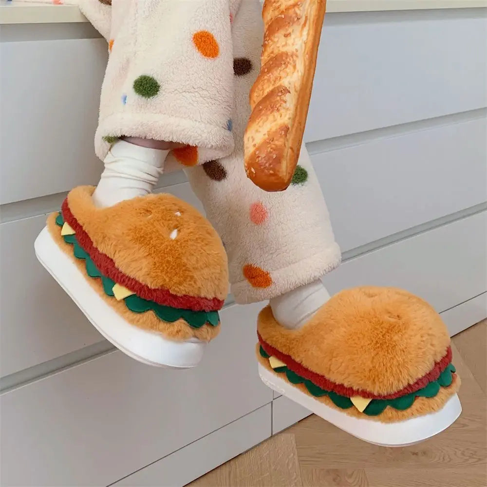 Women's Winter Warm Slippers Cute Cartoon Hamburger Home Floor Platform Shoes Thick Sole Soft Plush Indoor Fluffy Slippers