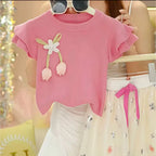 Girls' Lace Short Sleeve Floral Lantern Pants Two Piece Set