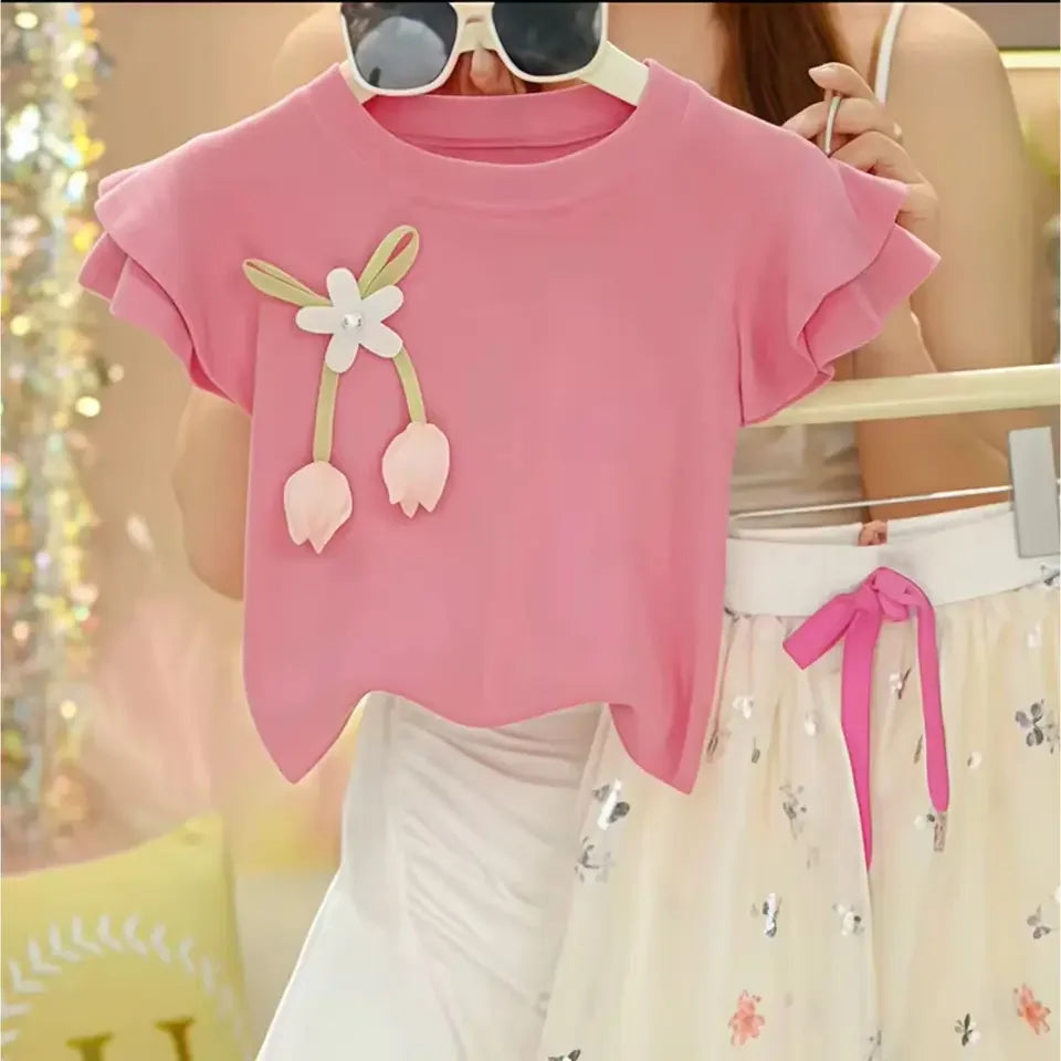 Girls' Lace Short Sleeve Floral Lantern Pants Two Piece Set