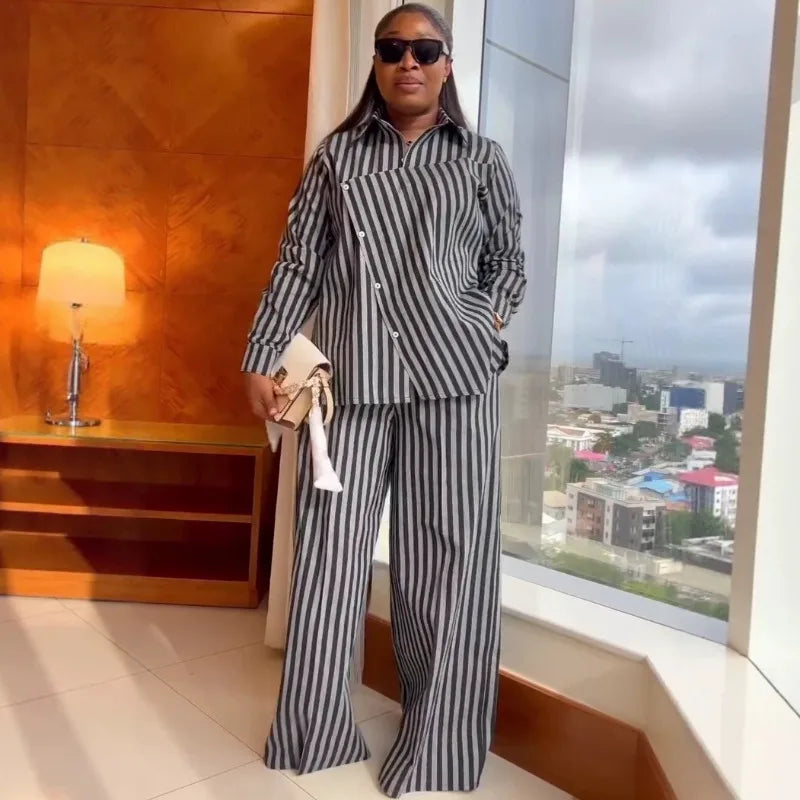 Women's Striped Button Shirt Wide Leg Pants Set