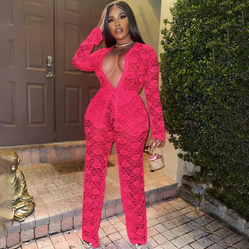 Women's Casual Sheer Lace Two Piece Matching Set