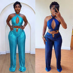 Women's Halter Bandage Crop Top Wide Leg Pants Set