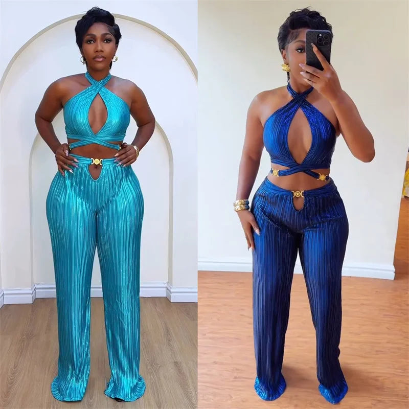Women's Halter Bandage Crop Top Wide Leg Pants Set