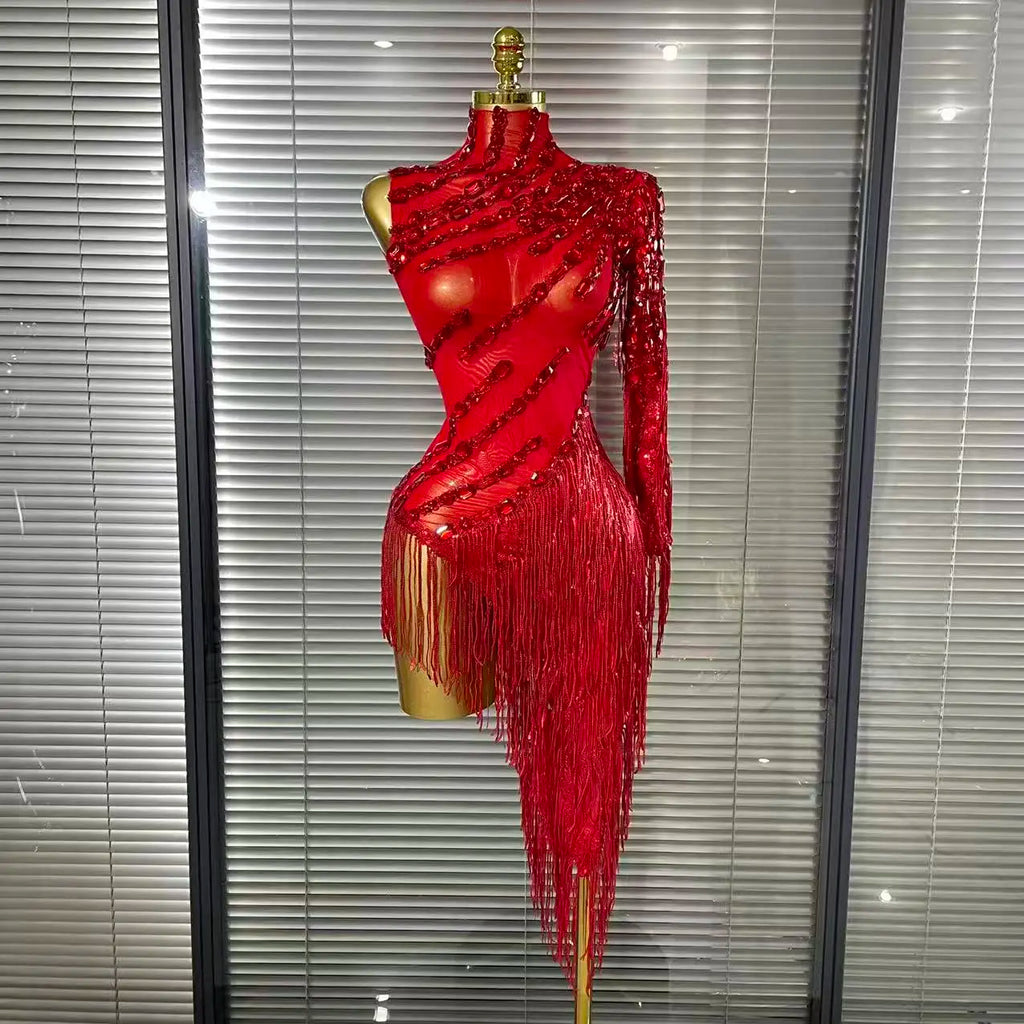 Women's Crystal Sequins Tassel One Shoulder Bodycon Midi Dress