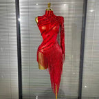 Women's Crystal Sequins Tassel One Shoulder Bodycon Midi Dress