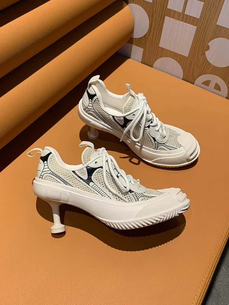 Women's Mesh Lace Up Pointed Toe Dad Sneaker High Heels