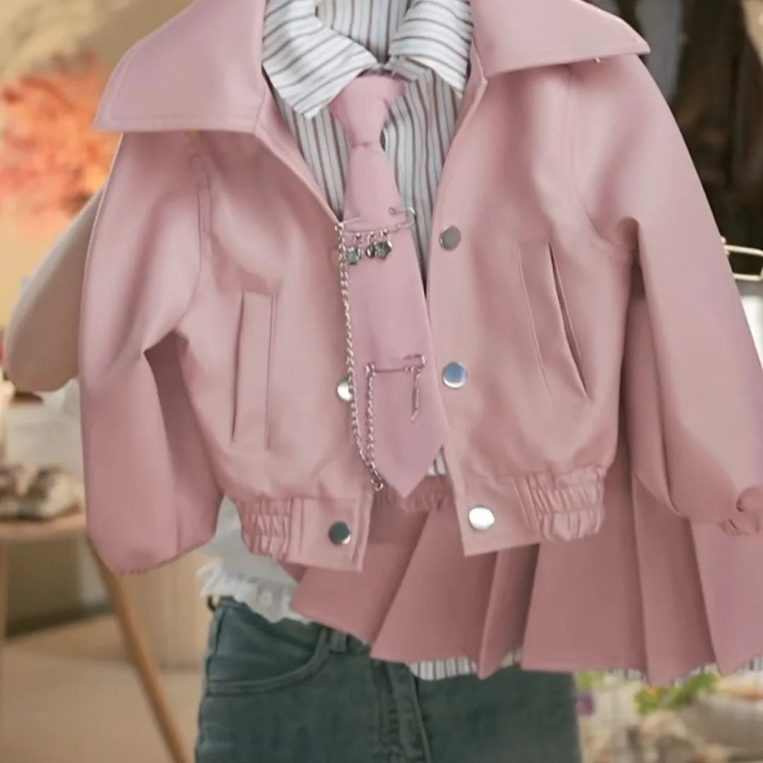 Girls' Leather Jacket Pleated Skirt Two-Piece Set