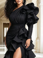 Women's One Shoulder Tiered Ruffle Long Sleeve Maxi Dress