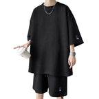 Men's Korean Summer Tracksuit Casual T-Shirt and Shorts Set Solid Color Loose Fit