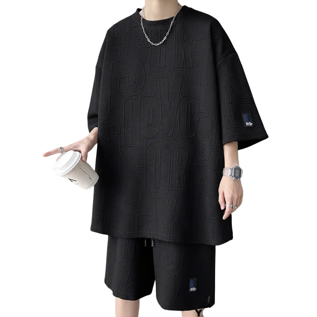 Men's Korean Summer Tracksuit Casual T-Shirt and Shorts Set Solid Color Loose Fit
