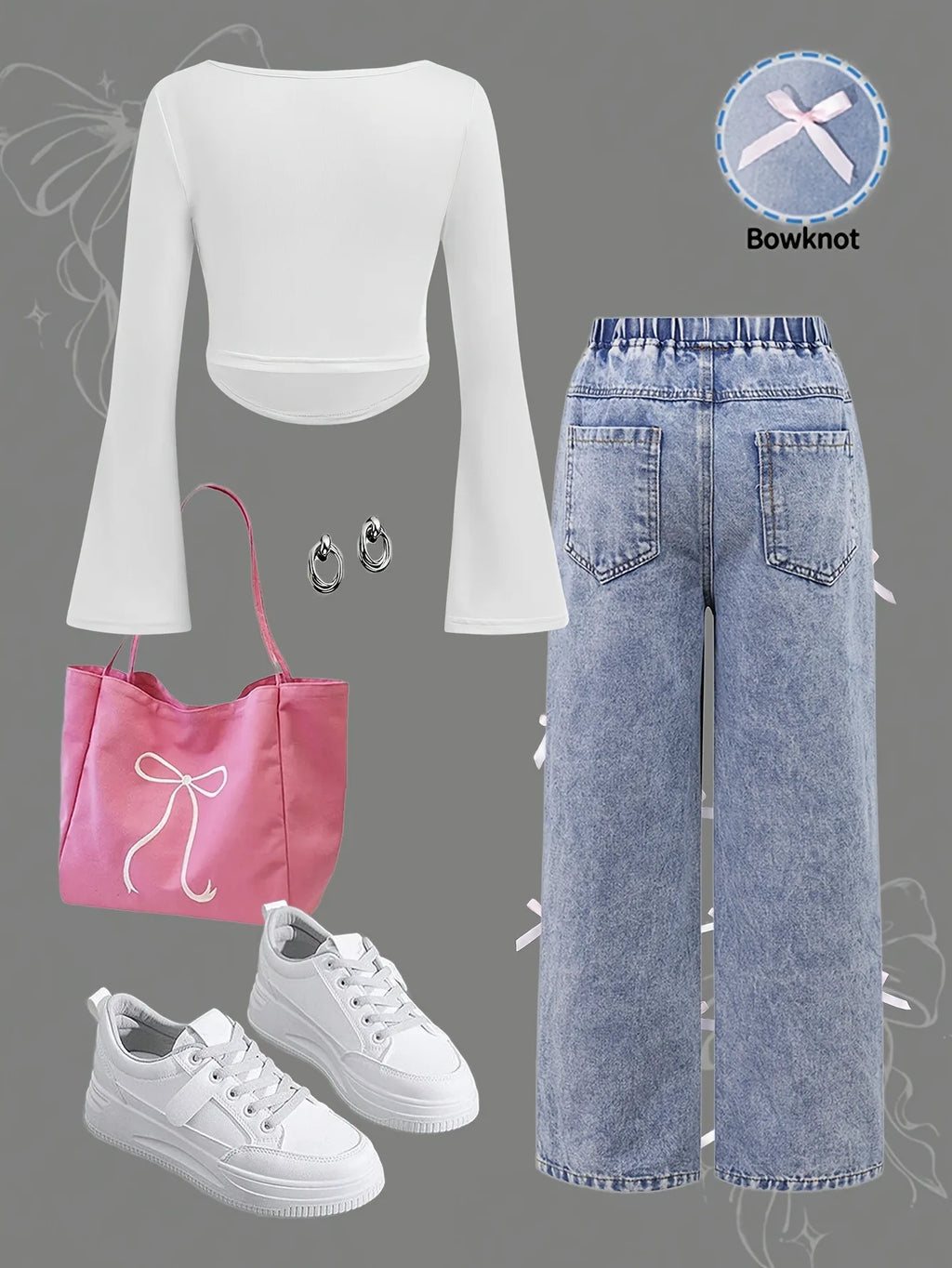 Girls' Bow Decor Crop Top Wide Leg Jeans Two-Piece Set