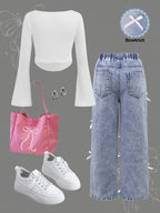Girls' Bow Decor Crop Top Wide Leg Jeans Two-Piece Set