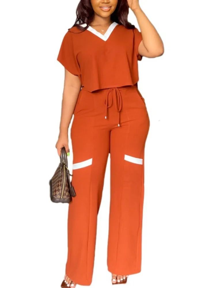 Women's Casual Short Sleeve Top and Straight Pants Set