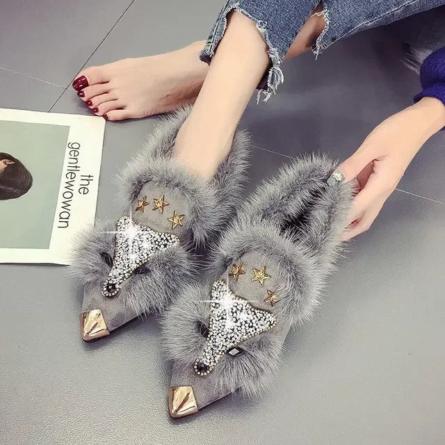 Women's Crystal Fox Head Pointed Toe Plush Ankle Boots