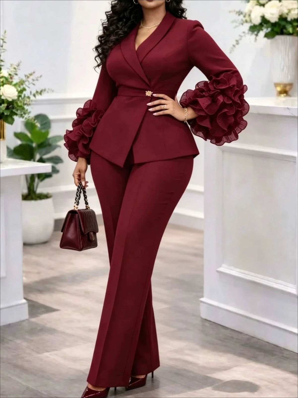 Women's Ruffle Flare Sleeve Blazer Pants Suit