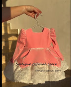 Girls' A-Line Velvet Square Collar Short Princess Dress
