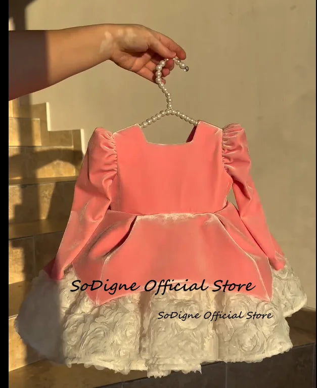 Girls' A-Line Velvet Square Collar Short Princess Dress