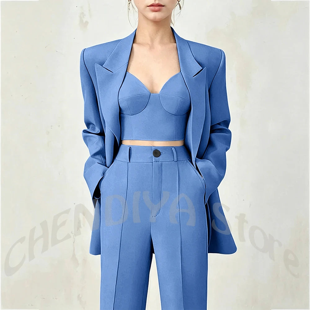 Women's Single Button Tailored Blazer and Pants Suit Set