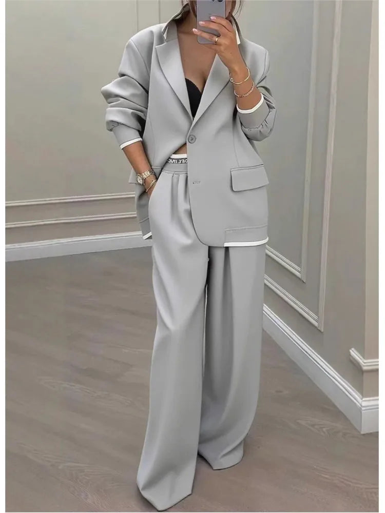 Women's Solid Lapel Blazer Wide Leg Pants Set