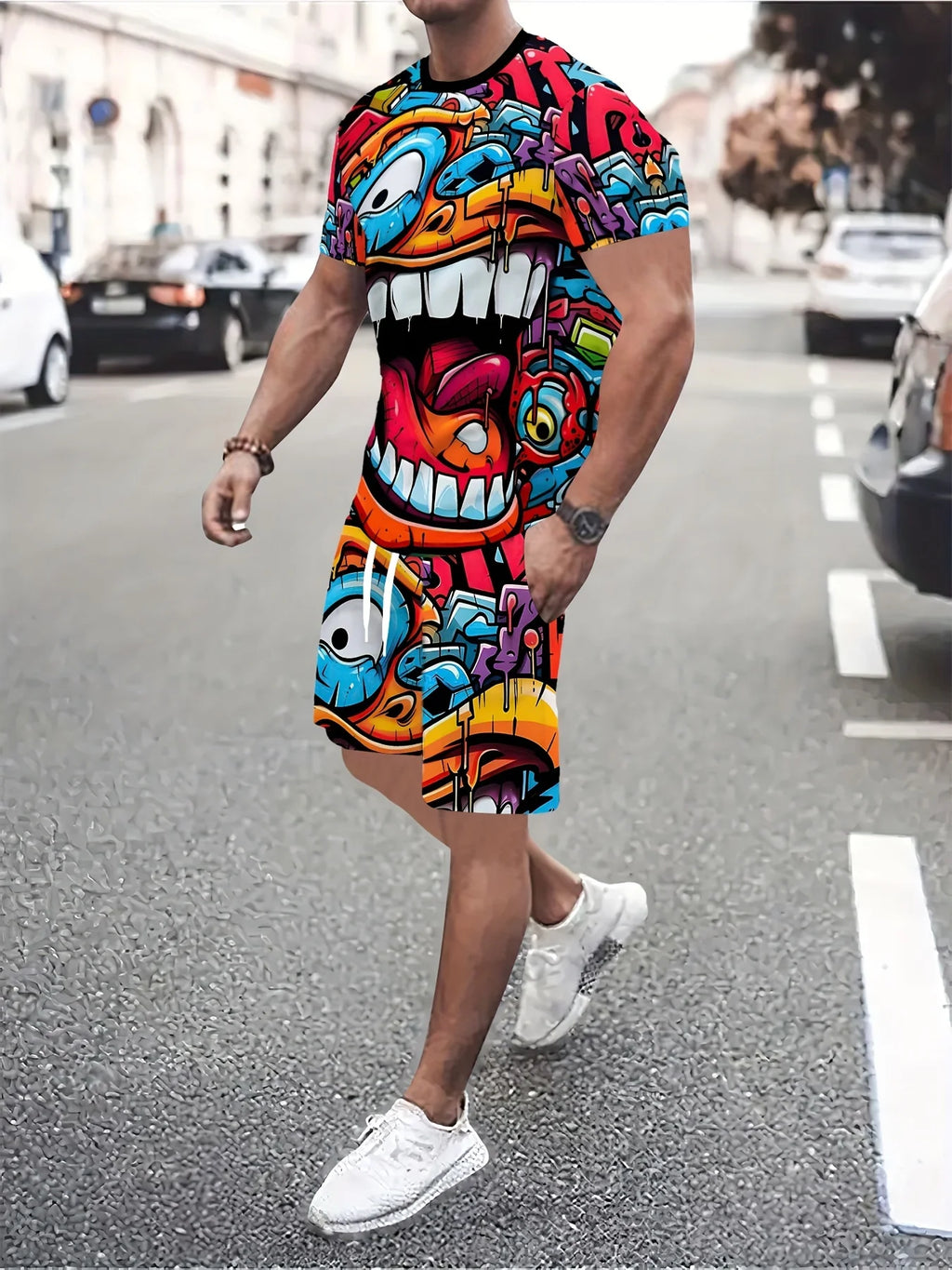 Men's Casual Graffiti Print T-Shirt and Shorts Two Piece Set