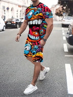 Men's Casual Graffiti Print T-Shirt and Shorts Two Piece Set