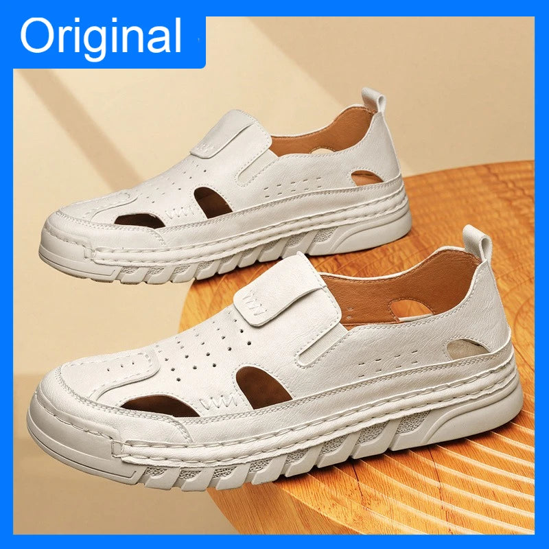Men's Hand-Sewn Leather Sandals for Daily Outdoor Comfort Rubber Sole