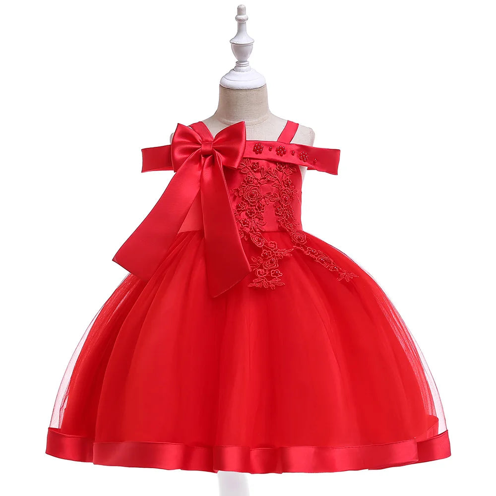Girls' Flower Applique Bow Princess Ball Gown Dress