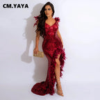 Women's Sexy Sequined Spaghetti Strap Feather Hem Maxi Dress