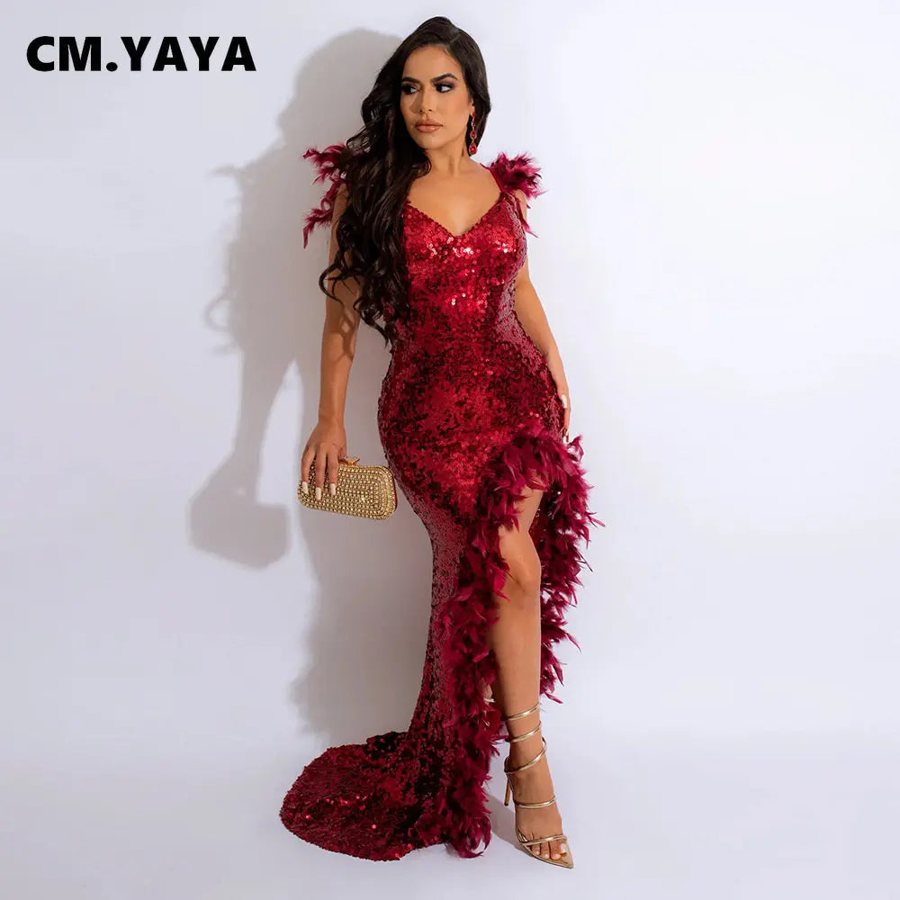 Women's Sexy Sequined Spaghetti Strap Feather Hem Maxi Dress