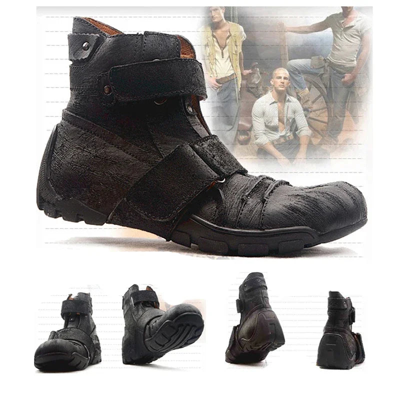 Men's Genuine Leather Ankle Strap Motorcycle Boots