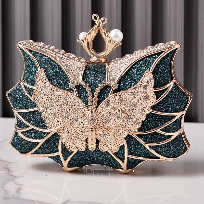 Hollow Butterfly Evening Clutch Bag with Sequins and Diamonds