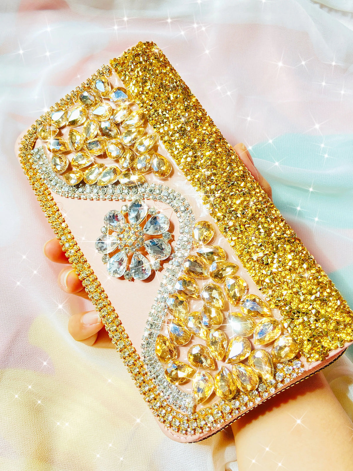 Champagne Rhinestone Evening Clutch Wallet with Heavy-Duty Inlay