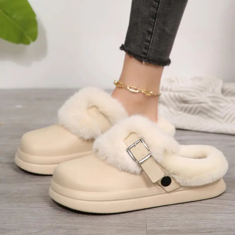 Women's Waterproof EVA Furry Clogs Metal Buckle Thick Sole