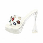 Transparent Rhinestone High Heel Platform Sandals 4.7in Square Toe Women's