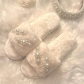 Fluffy Pearl Embellished Bridal Shower Slippers