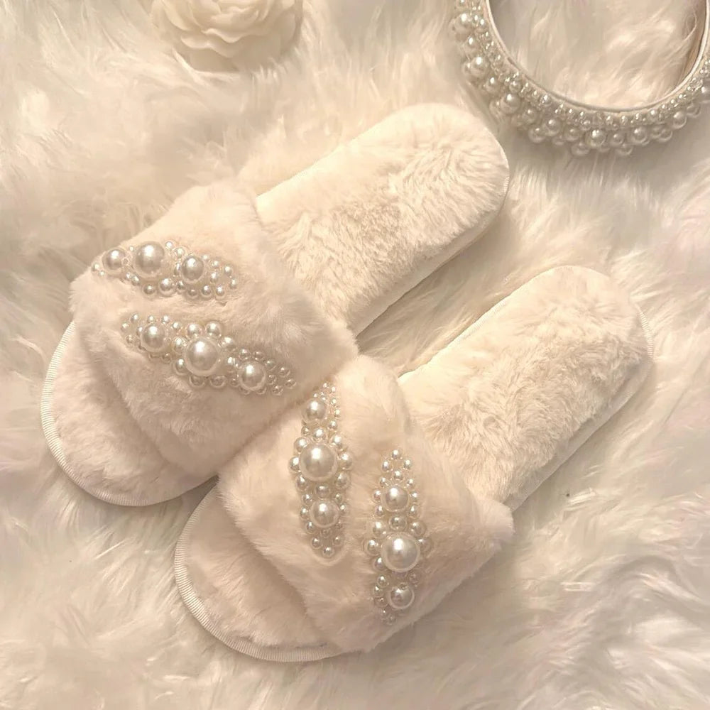 Fluffy Pearl Embellished Bridal Shower Slippers
