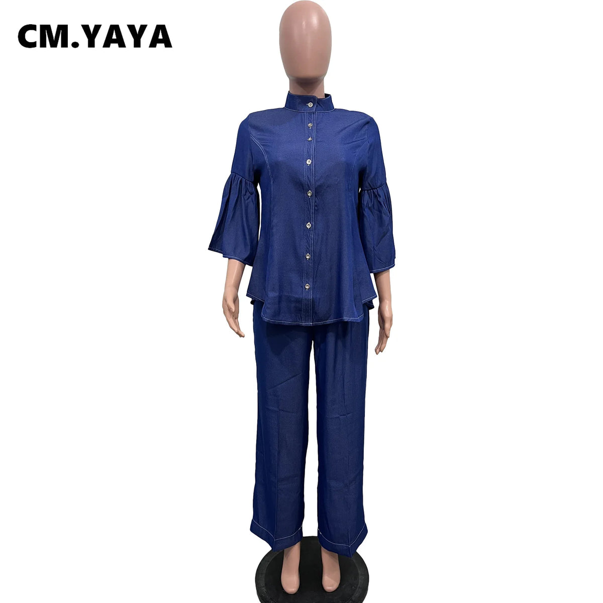 Women's Denim Style Flare Sleeve Top Wide Leg Pants Set